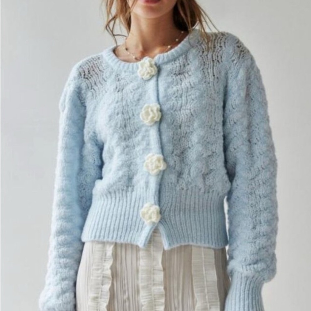 Light Blue Knit Sweater with Floral Buttons